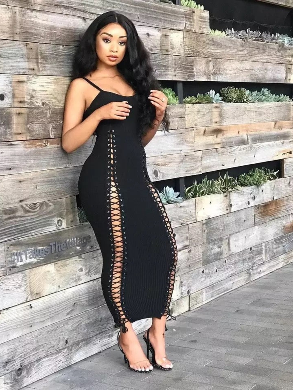 NWT Blush Mark Black Lace-Up Bodycon Maxi Dress Size S Ribbed Stretch Party Club